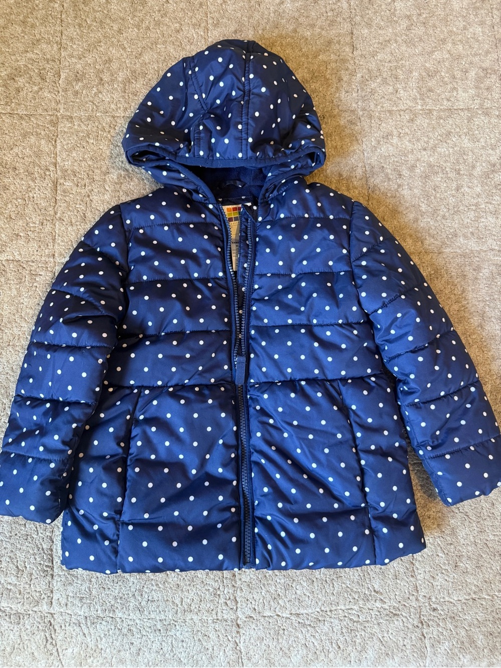Girls 5T Fleece Lined Navy Polka Dot Puffer Coat with Hood
